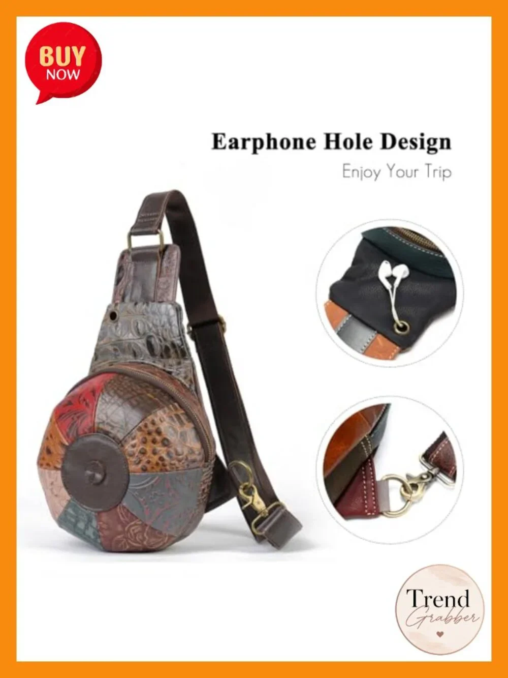 Genuine Leather Patchwork Sling Backpack Crossbody with Headphone Port